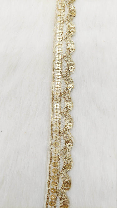 Art Silk Fabric Trim With Gold Embroidery, Scallop Sequins Sari Border, Trim By 3 Yards